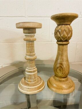 Carved Wood Candle Holder Pair in Natural Brown